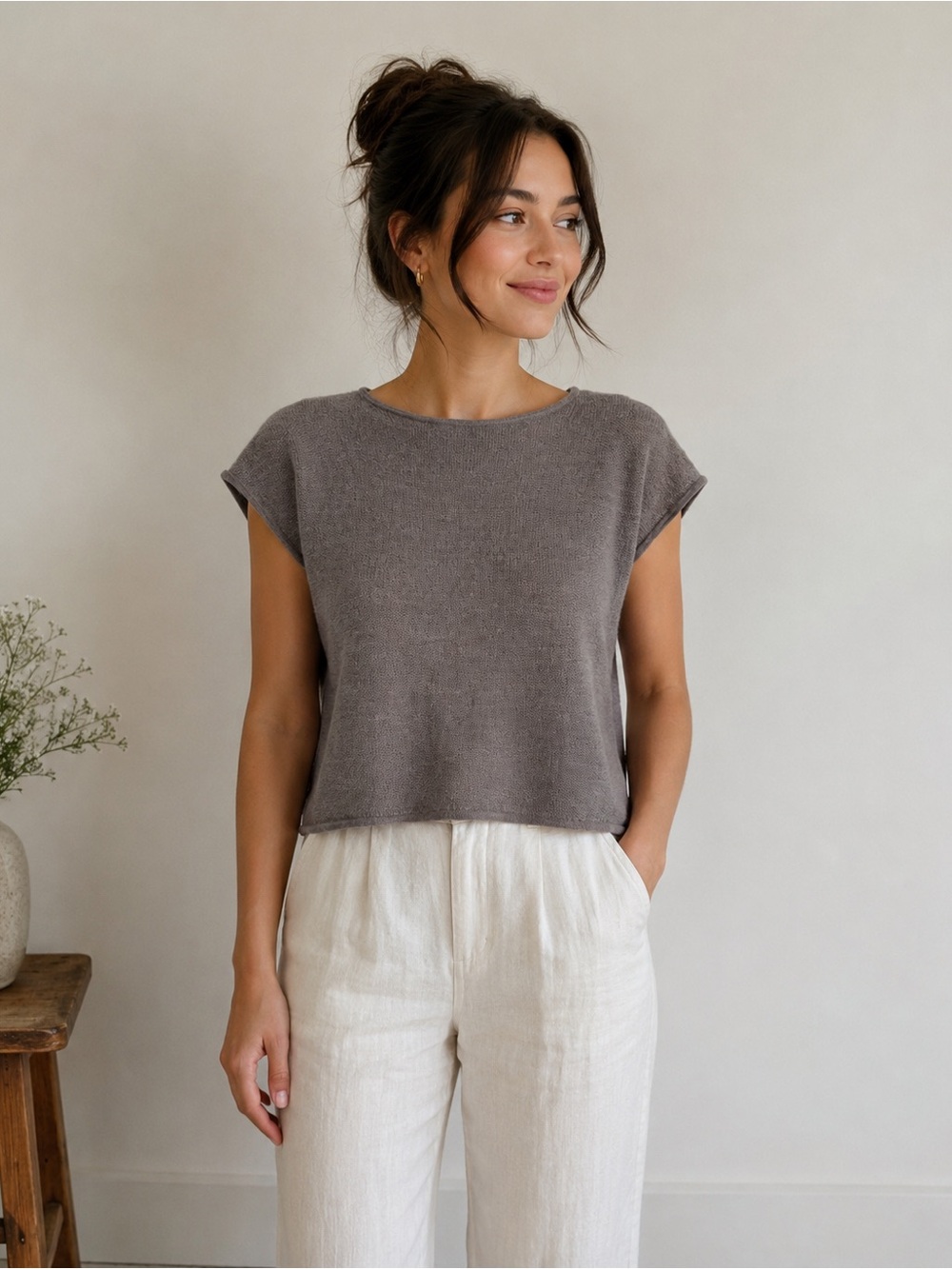 Merino Wool Cropped Knit Top in Taupe Small